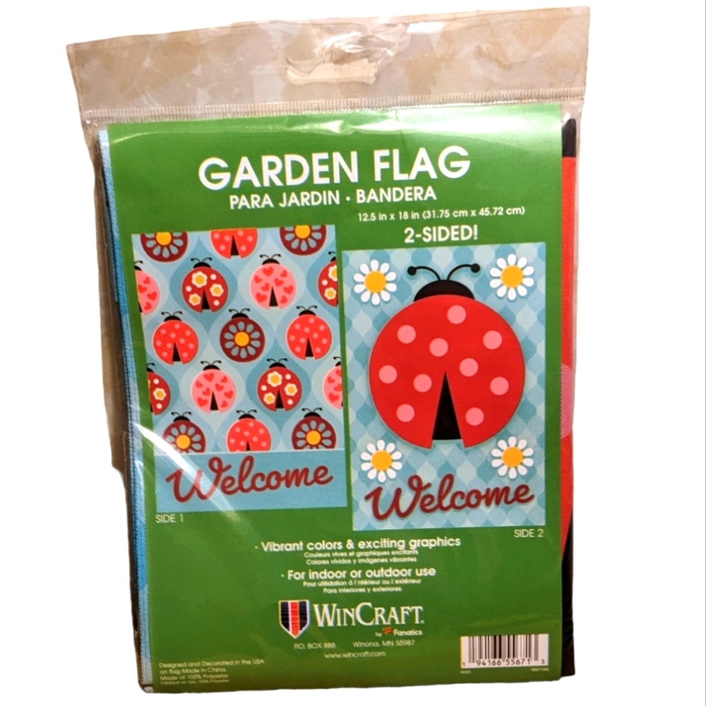 Wincraft 2 Sided Welcome Floral Ladybug Blue Red & Pink Small Garden Flag
